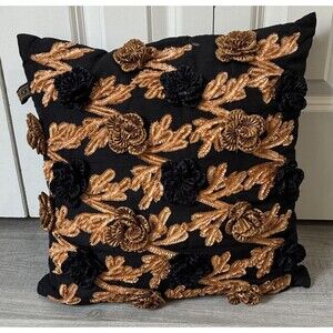 Borgata Black/Gold Floral Embroidered Square Decorative Pillow 16x16 Zipper